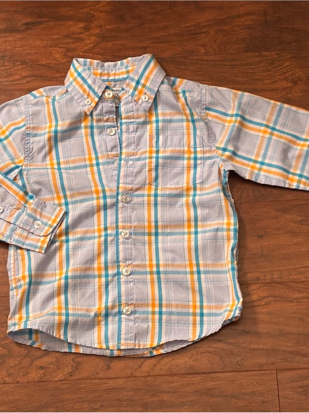 Crown & Ivy Plaid Button-Down Shirt in Light Blue and Orange. Sz 4 boys